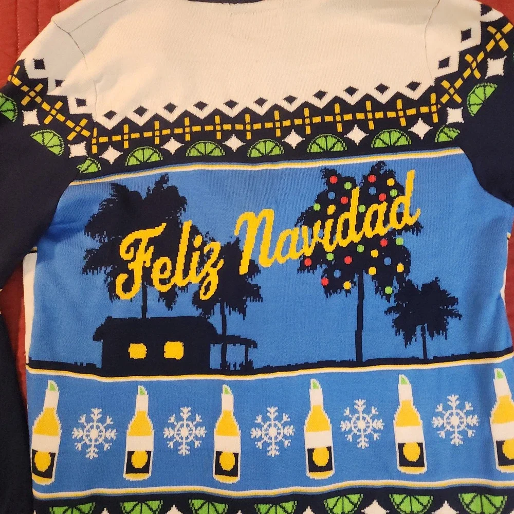 Corona Extra Feliz Navidad Ugly Christmas Sweater Cardigan Mens Large Blue White